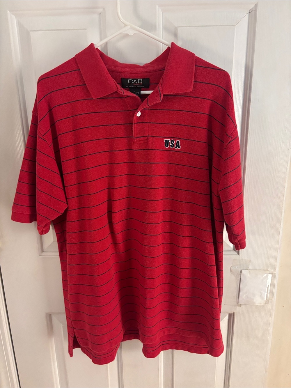 Men’s Red Striped Polo Shirt with USA Embroidery